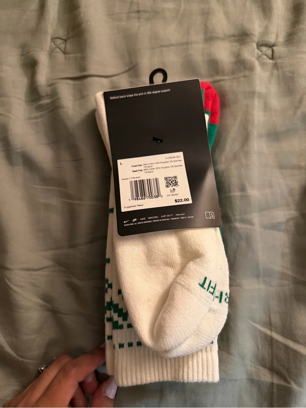Nike Crew Socks - Green/Red/White Holiday Pattern